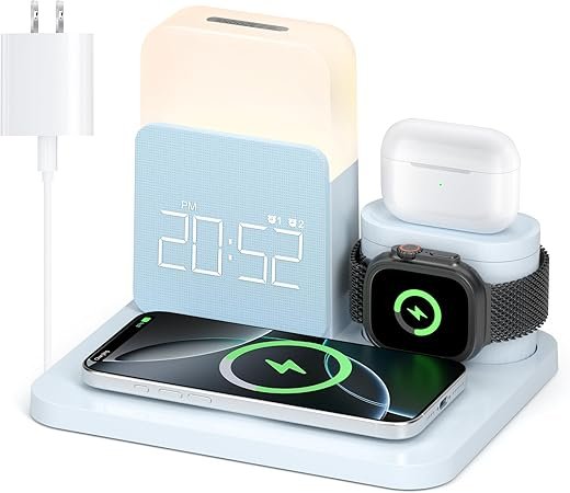 7 in 1 Wireless Charging Station, Alarm Clock with Wireless Charger for Bedrooms, Mag-Safe Charger with Night Light Bedside Clock for iPhone 16 15 14 13 12 Pro Max, Apple Watch, AirPods
