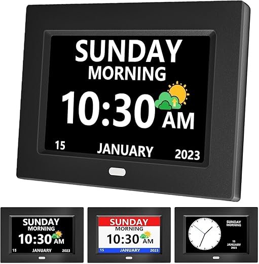 7 Inch Clock with Day and Date for Elderly Large Display Digital Clocks 12 Alarms 3 Medicine Reminders Large Font Alzheimer's Clock Alarm Clock for Seniors Dayclock Black
