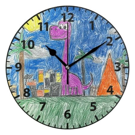 9.84in Children Doodle Dinosaur PVC Canvas Wall and Table Clock with Canvas Texture, Black or Gold Hands