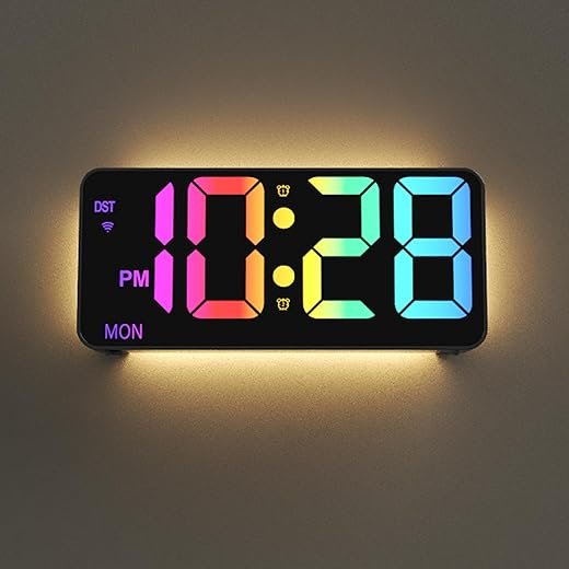 9 Digital Wall Clock with Night Light, Digital Clock with 8 RGB Colors, Dual Alarm, Snooze, Dimmer, Auto DST, Voice Control, Auto Time Sync, Clocks for Living Room, Bedroom, Perfect for Gift