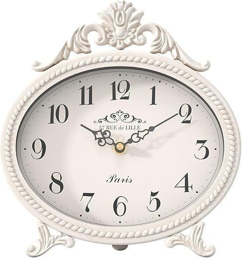 Abdurey Vintage Table Clock on Stand,Desk and Shelf Decorative Clock,French Rustic Style Mantel Clocks,Metal Frame Antique White Finish,Farmhouse,Bedroom, Bedside,Living Room,Gift Clocks