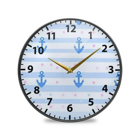 Acrylic Wall and Table Clock Blue Anchor Stripes 9.5in Modern Decor with Golden Hands