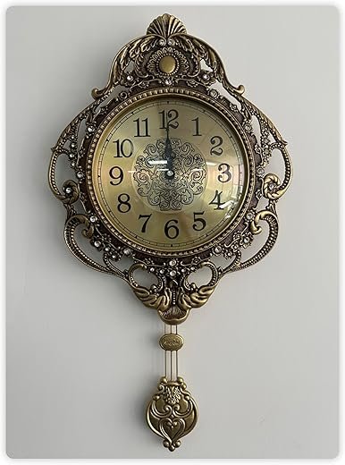Aero Snail Pendulum Wall Clock, Retro Style Silent Clock with Rhinestones Decoration, Vintage European Victoria Decor Bronze Metal Clock for Bedroom Living Room Indoor - W608B