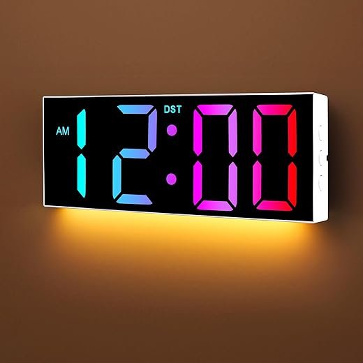 Alampan 12 Large Digital Wall Clock with Remote Control, Corded RGB LED Clock with Full Screen Display, Big Numbers, for Classroom, Living Room, Elderly, Wall Mounted, DST, White