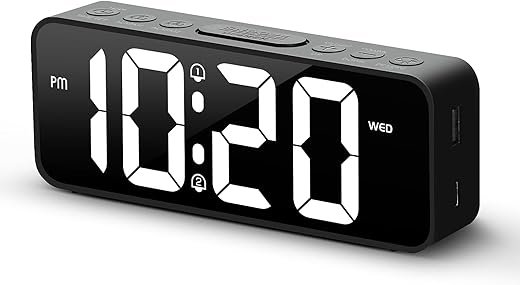 ALANAS Compact Digital Alarm Clocks for Bedrooms - Small Clock with Large LED Display, Easy-to-Read Time, Dual Alarm with Snooze, Adjustable Volume & Dimmer, USB Charger for Phones, Simple Design