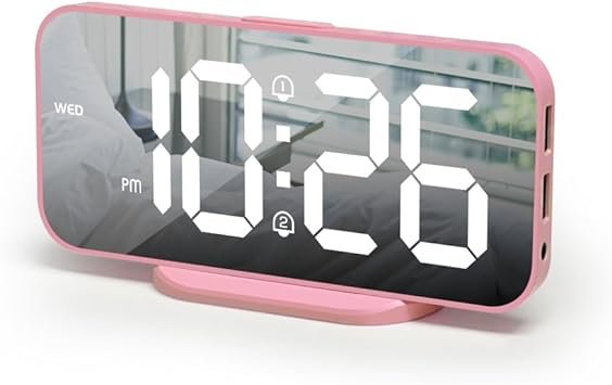 ALANAS Digital Alarm Clock, Dual Alarms with Snooze,Pink Alarm Clocks for Girls, Brightness Dimmer, 2 USB Charging Ports for Cellphone, Mordern Alarm Clocks for Bedroom Bedside Classroom