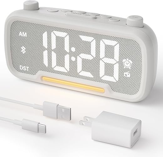 Alarm Clock Bluetooth Speaker with FM Radio, High Fidelity Sound, Bedside Clock with 2 Charging Port, Adjustable Dimmer, Night Light, Auto-off Timer, Ideal for Bedroom,Home Office and Dorm Room(White)