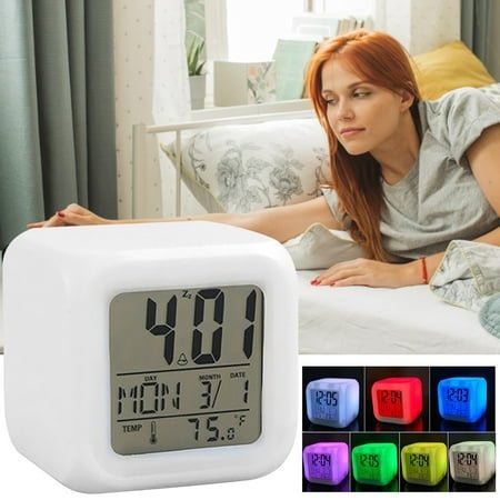 Alarm Clock Promotion Sale! Nomeni Digital Alarm Night Glowing Cube 7 Colors Clock Led Change Lcd for Bedroom Child, Home Decor Clearance Sale White