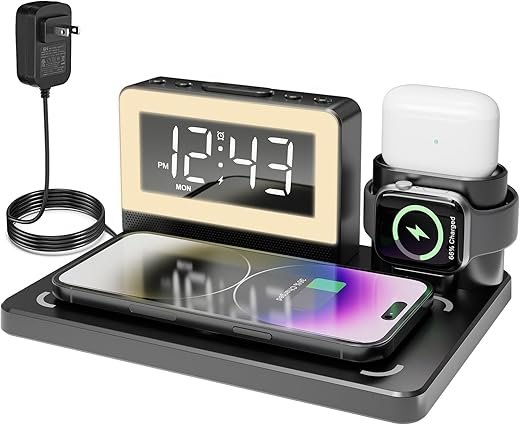 Alarm Clock with Wireless Charging, 7 Color Night Light, 6 in 1 Wireless Charger for Apple, Charging Station for iPhone 16/15/14/13/12/11/Pro Series, for Apple Watch, for Airpods
