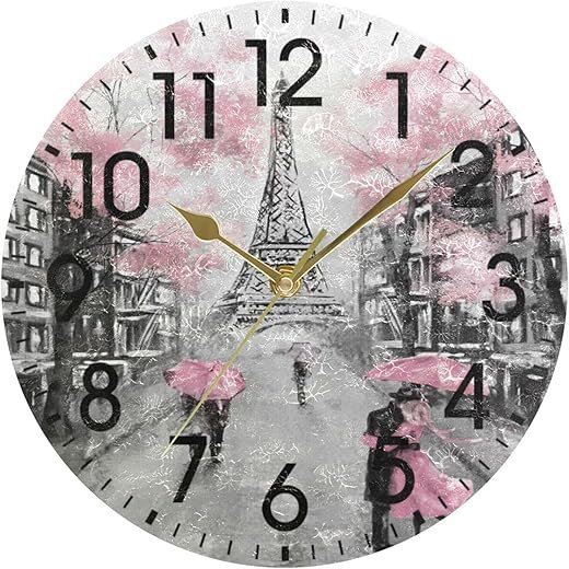 ALAZA Home Decor Oil Painting Paris Eiffel Tower Art Stylish 9.5 inch Round Acrylic Wall Clock Non Ticking Silent Clock Art for Living Room Kitchen Bedroom(Gold Pointer)