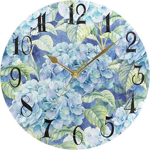 ALAZA Retro Blue Hydrangea Flower Round Wall Clock Non-Ticking Silent Battery Operated Decorative Clock for Living Room Home Office Decor