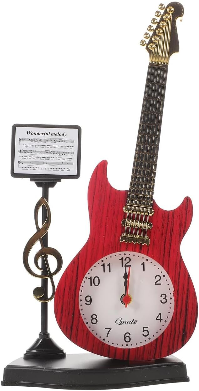 Amosfun Guitar Alarm Clock - Musical Violin Bedside Clock, Chinoiserie Home Decor, Desk Topper, Student Desktop, Red Plastic Birthday Present