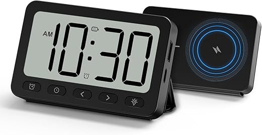 ANJANK Digital Travel Alarm Clock, 6000mAh for MagSafe Battery Pack, Portable Magnetic Power Bank, Wireless Charger for iPhone 16/15/14/13/12, USB-C & USB-A Charging, Foldable LCD Clock with Backlight