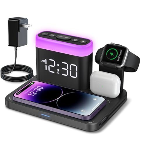 ANJANK Wireless Charging Staion,3 in 1 Multiple Charger Stand with Alarm Clock,7 Night Light,Mag-Safe Charging Dock for iPhone 16 15 14 13 12 11 Pro Max Plus,Apple Watch10/9/8/7,for Airpods,Bedrooms