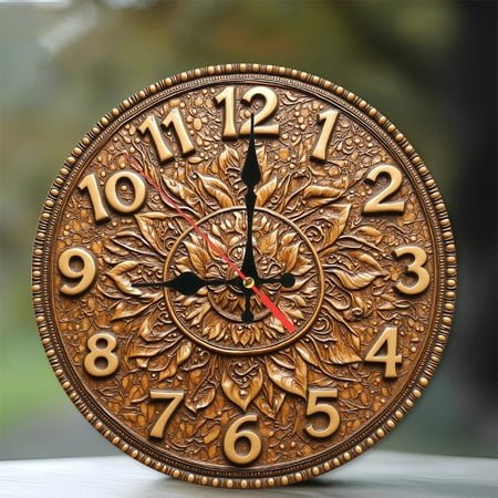 Antique Brass Wall Clock Floral Design 10-Inch Silent Wooden Wall Clock, Battery Operated (AA Batteries Not Included), Artistic Home Decor