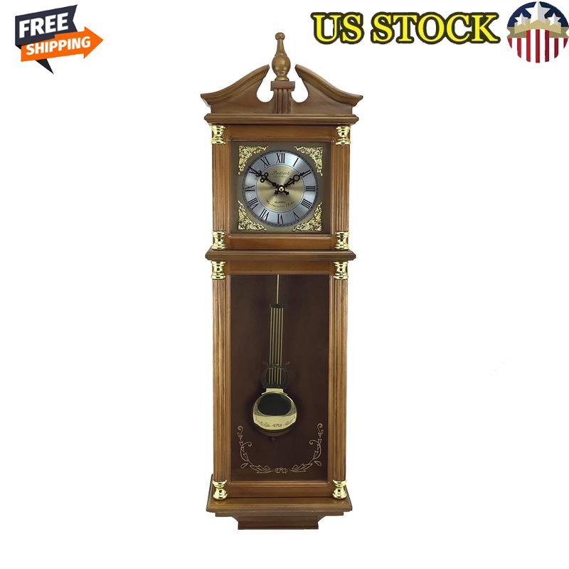 Antique Chiming Wall Clock W/ Roman Numerals & Pendulum Harvest Oak Finish New