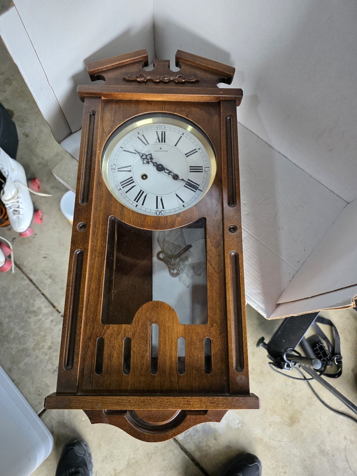 Antique German Wall Clock Junghans Beveled Glass with Key & Pendulum