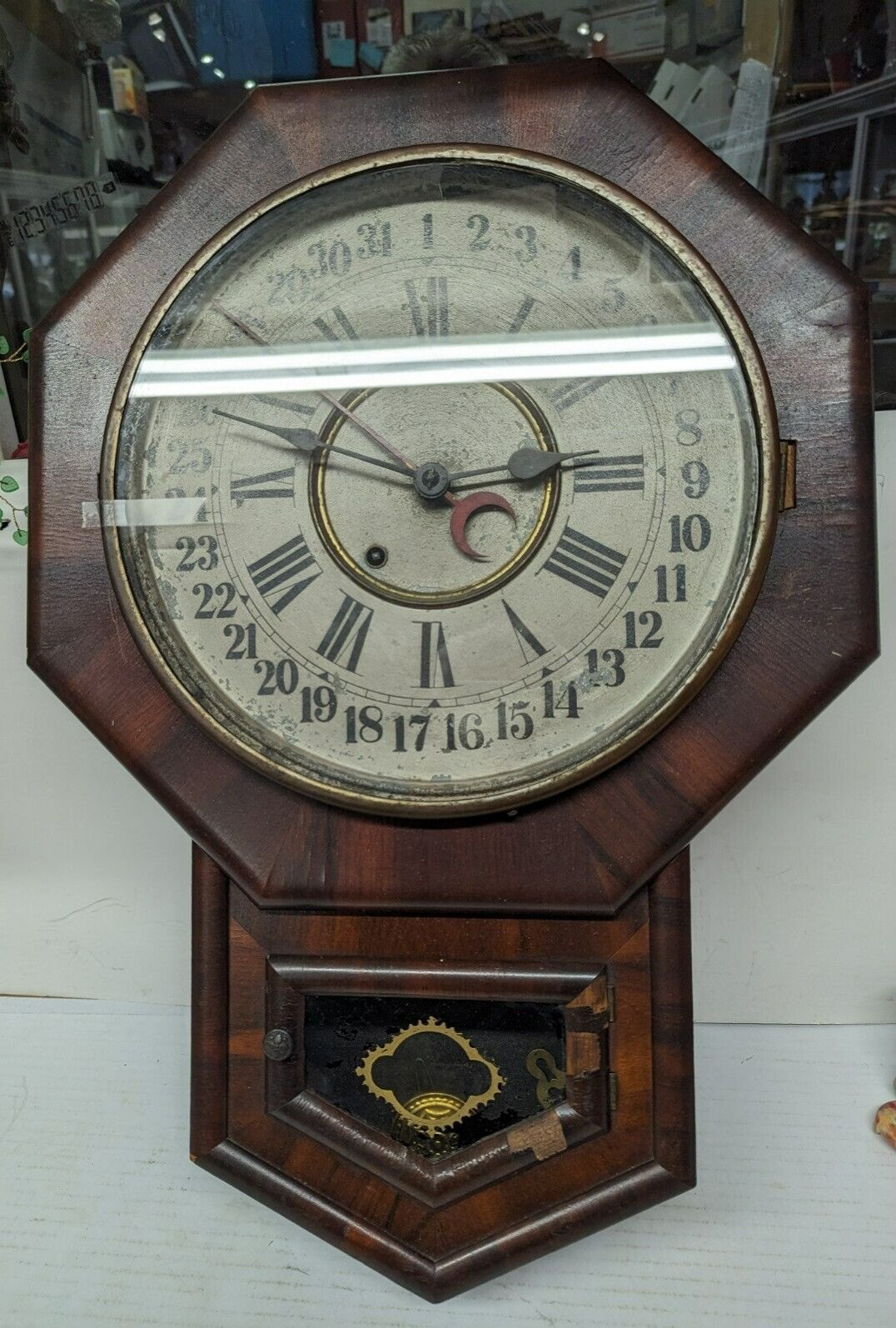 Antique Used Wooden Octagon New Haven Key Wind Calendar Clock 24 Tall