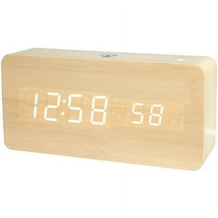 APP smart wooden clock, LED wooden clock, 4 brightness levels, voice control function, USB or battery power supply, white bamboo and wood light (without battery)