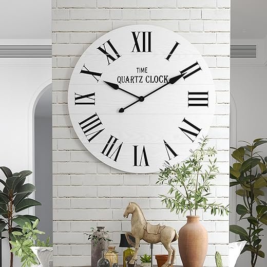 ARTPOWER Large Farmhouse Wall Clock, 35.5” Shiplap Wall Clock with Roman Numeral, Nearly Non-Ticking, Round Wall Clocks for Living Room Decor, Office, Bedroom, Entrance, White