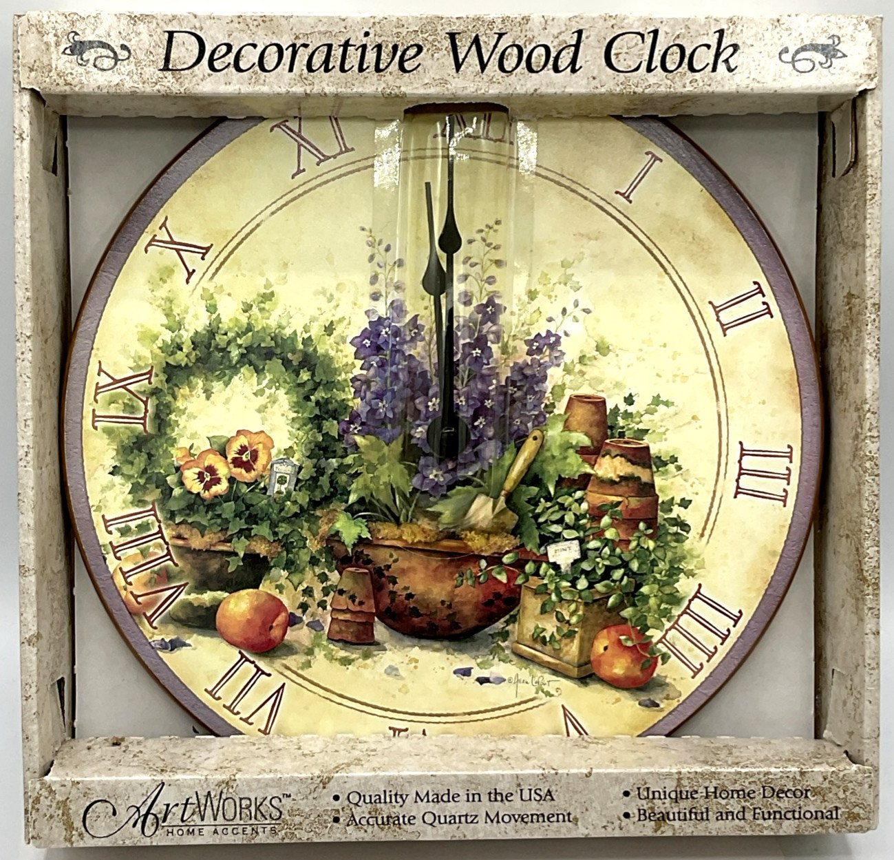Artworks Home Accents Wall Mounted Quartz Battery Operated Clock Garden Plants