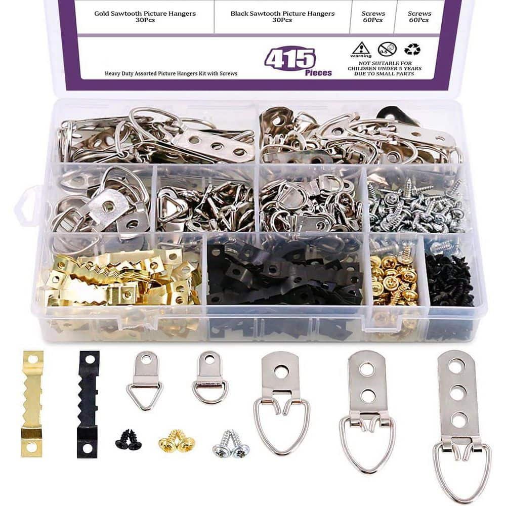 Assorted Picture Hangers Kit with Screws Transparent Box 7-Models 415-Pieces Silver 1-Pack