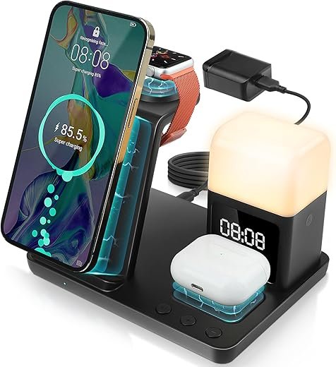 AURTEC 6 in 1 Wireless Charging Station with Alarm Clock, Night Light, Compatible with iPhone 15/14/13/12/11/Pro/Pro Max/Mini/XS/XR/X/8/Plus, Apple Watch 9/8/7/6/5/SE, AirPods Pro/3/2/1,15W Adapter