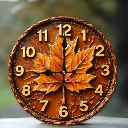 Autumn Maple Leaf Wall Clock Home Decor 10-Inch Silent Wooden Wall Clock, Battery Operated (AA Batteries Not Included), Artistic Home Decor