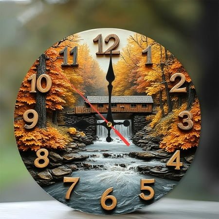 Autumn Waterfall Covered Bridge Wall Clock 10-Inch Silent Wooden Wall Clock, Battery Operated (AA Batteries Not Included), Artistic Home Decor