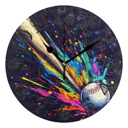Baseball Bat Colorful Wall Clock 10 inch Non-Ticking Easy to Read Decorative Clocks for Home Bedroom Living Room