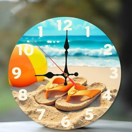Beach Summer Clock Flip Flops Ocean Wall Clock 10-Inch Silent Wooden Wall Clock, Battery Operated (AA Batteries Not Included), Artistic Home Decor