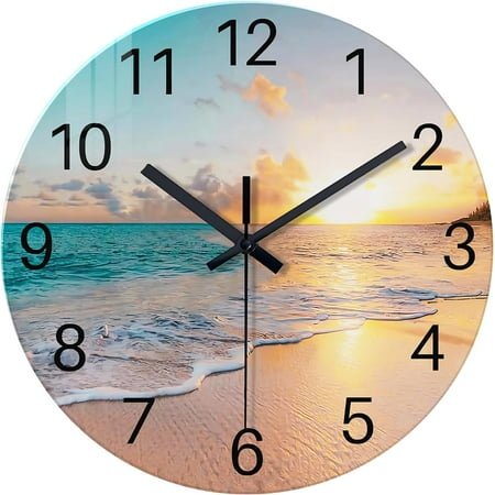 Beach Wall Clock Silent - Analog Glass Wall Clocks Battery Operated 16 Inches or Larger - Blue Clocks for Living Room