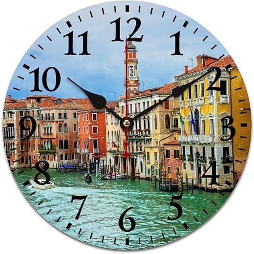 Beautiful Water City Vintage Antique Italy Venice Clock Italian Landscape Indoor Wall Clocks Battery Operated Silent Home/Office/Kitchen Decor Arabic Numeral 12 Inch Round