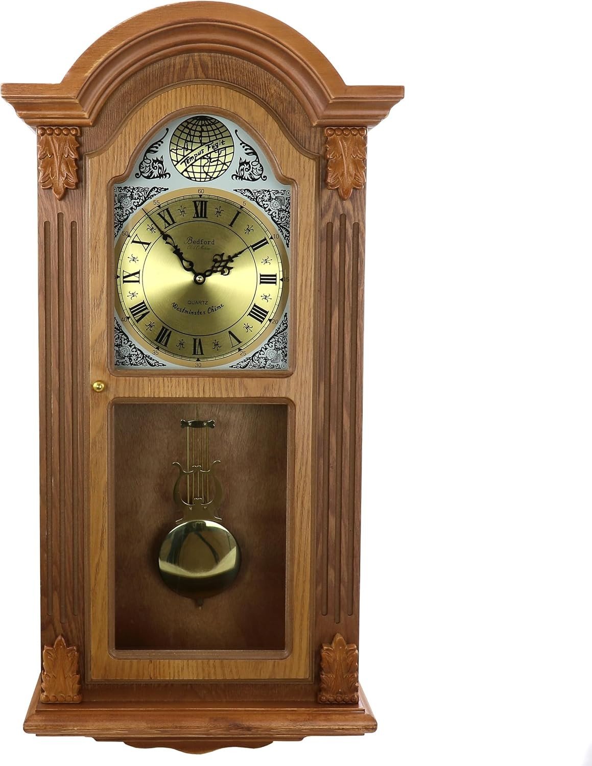 Bedford Clock Collection Honey Oak Chiming Pendulum Wall Clock