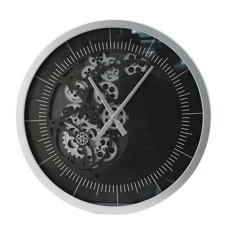 Benjara Reny 23 Inch Wall Clock, Decorative Gear Design, Round, Silver, Black Iron