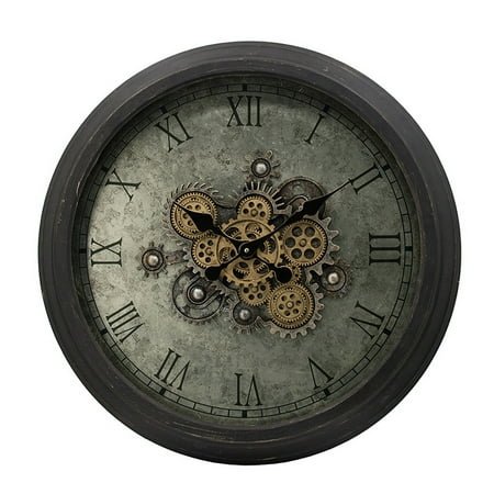Benjara 28 Inch Wall Clock, Round Vintage Gear Design, Gold and Dark Brown Finish