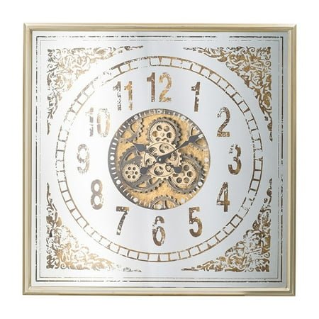 Benjara 32 Inch Wall Clock, Decorative Gear Design, Square, Iron, White and Brown