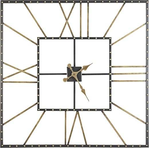 Benjara BM209367 40 x 40 x 1.5 in. Square Open Frame Metal Wall Clock with Roman Numerals, Black & Gold