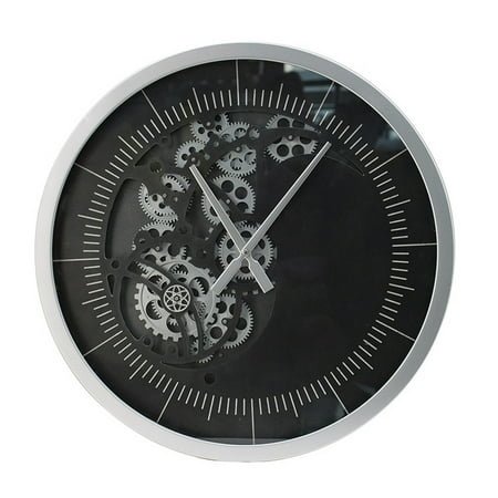 Benjara Reny 23 Inch Wall Clock, Decorative Gear Design, Round, Silver, Black Iron