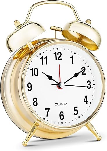 Bernhard Products Analog Alarm Clock Twin Bell 4" Gold Metal Extra Loud Quartz Battery Operated with Backlight, Silent Non-Ticking for Bedside Desk, Vintage Retro Antique Decorative Old School