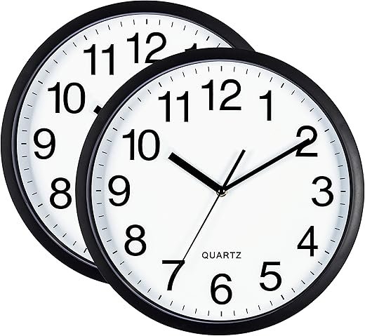 Bernhard Products Black Wall Clock 2 Pack Silent Non Ticking 10 Inch Bold Quality Quartz Battery Operated Round Easy to Read Home/Office/Classroom/School Clocks, Sweep Movement