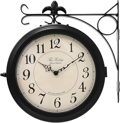 BESTIME 66276B Double Sided Metal Wall Clock with Black Frame.Dial: 10-Inch,Quiet,Easy Read,Retro Station,Antique Hanging Clocks for Garden,Home Decor,Indoor,Outdoor,Living Room.