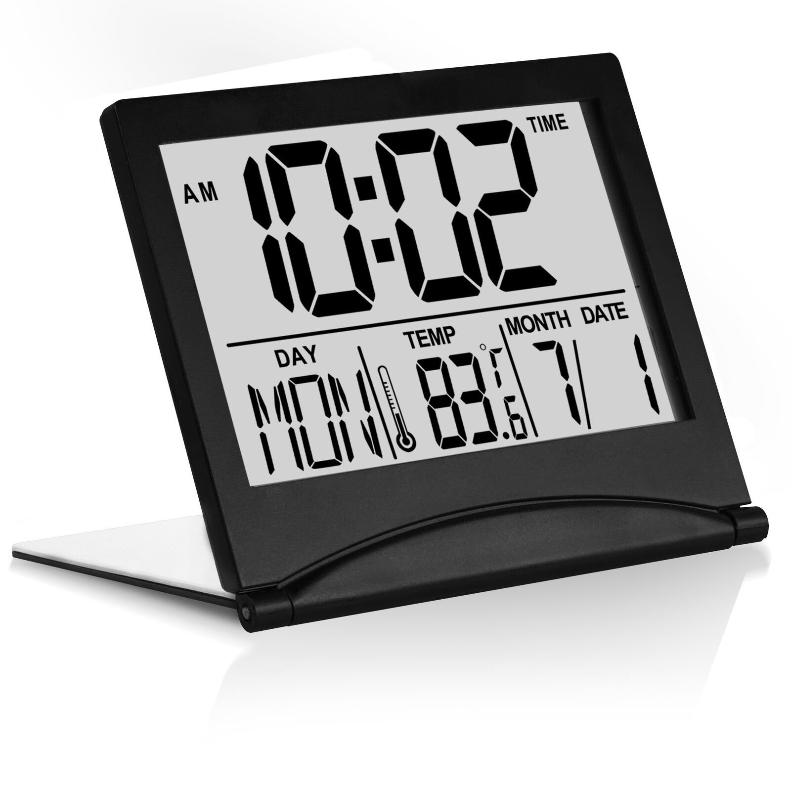 Betus Digital Travel Alarm Clock - Foldable LCD Clock - Compact Desk Clock Black