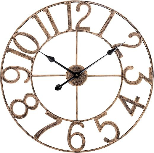 BEW 14 Inch Kitchen Wall Clock, Silent Analog Non-Ticking Battery Operated Wall Clock, Bronze Rustic Farmhouse Metal Decorative Wall Clock for Living Room, Office, Bedroom