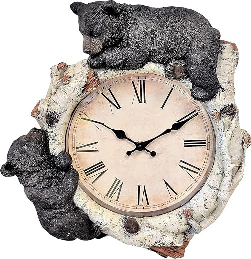 Black Bear Cubs on Birch Woodland Style Wall Clock Cabin Lodge Decoration 13.3 (H)