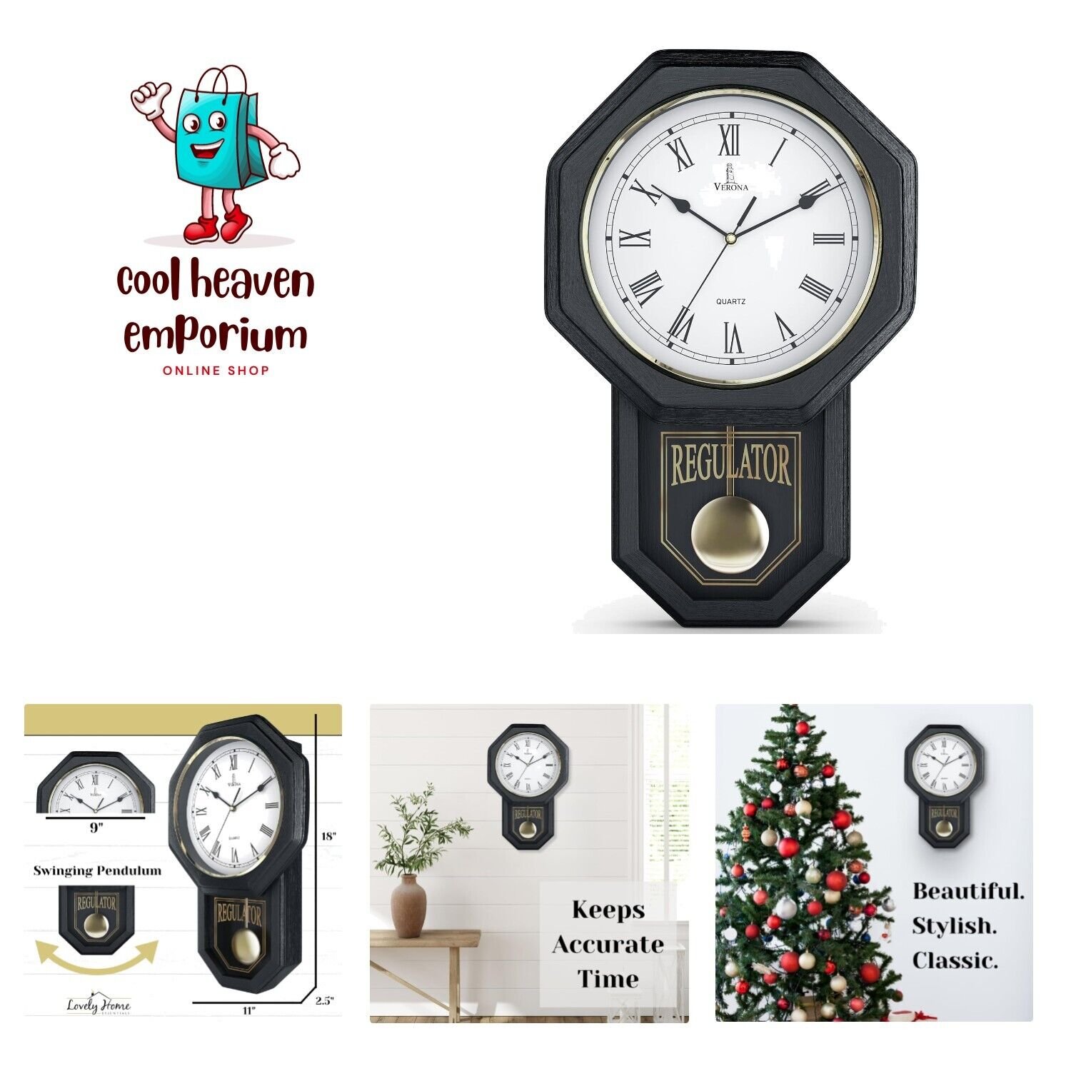 Black Pendulum Wall Clock Battery Operated - Regulator Clock - Wooden Schoolh...