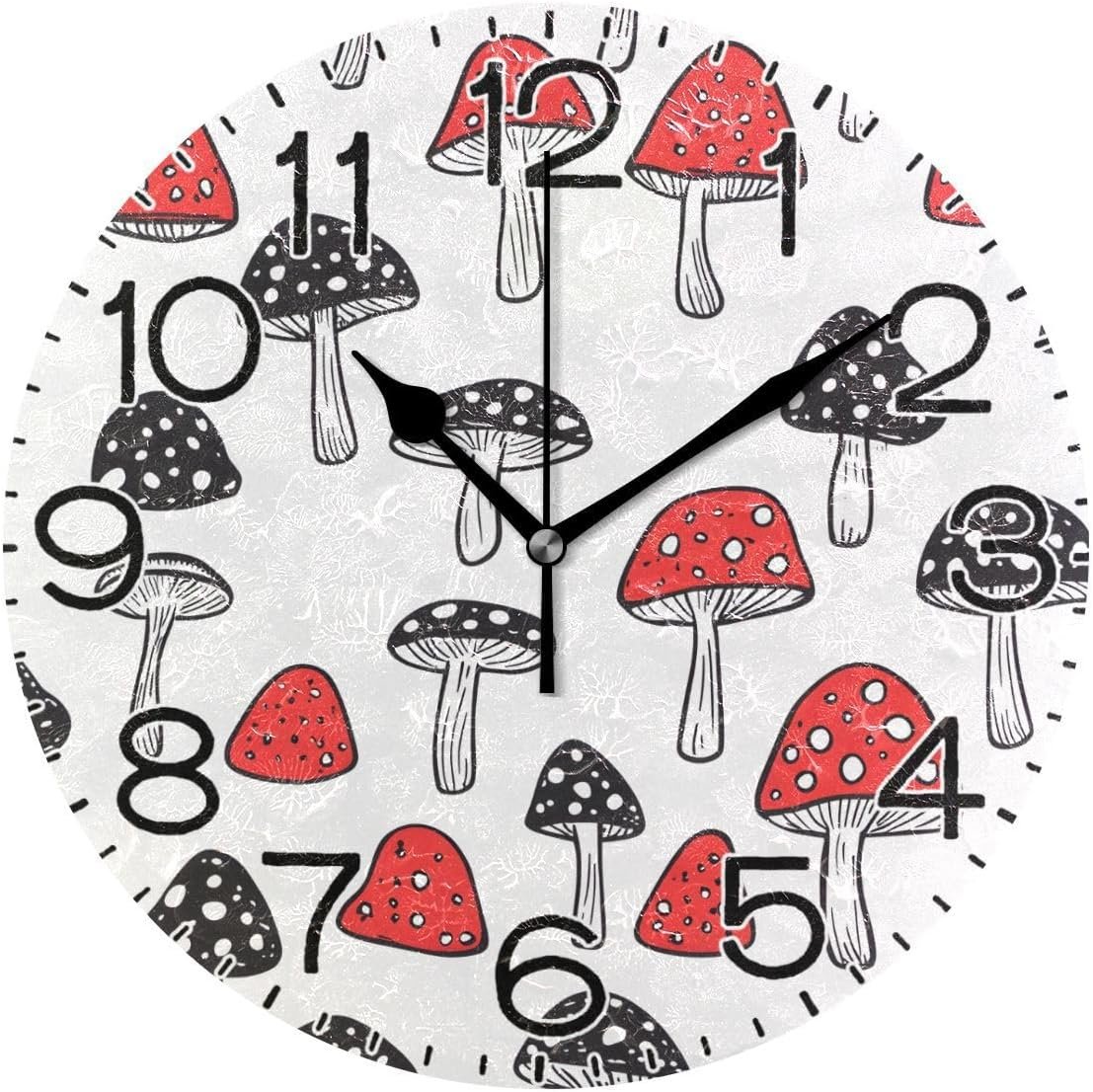 Black Red Mushroom Dot Pattern Wall Clock Battery Operated Non Ticking Silent Quartz Analog Rustic Farmhouse Round Clock Retro Decor for Home Kitchen Living Room Bathroom