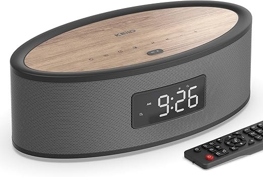Bluetooth Clock Radio Speaker with Dual Music/Radio Alarms, Aesthetic Design with Phenomenal Sound Quality, Built-in Sound Machine, FM Radio, USB, AUX (Gray)