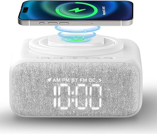 Bluetooth Speaker Bedroom,Wireless Charger,Alarm Clock Radio,Sound Machine,White Noise Machine for Sleep with 12 Soothing Sounds,FM Radio,Adjustable LED Night Light for Home,Office