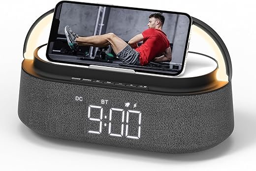 Bluetooth Speaker with Wireless Charger, 6 in 1 Bedroom Portable Speakers with FM Radio, Adjustable LED Night Light, Dual Wireless Charger, Phone Stand for Bedside, Home, Office, Gift